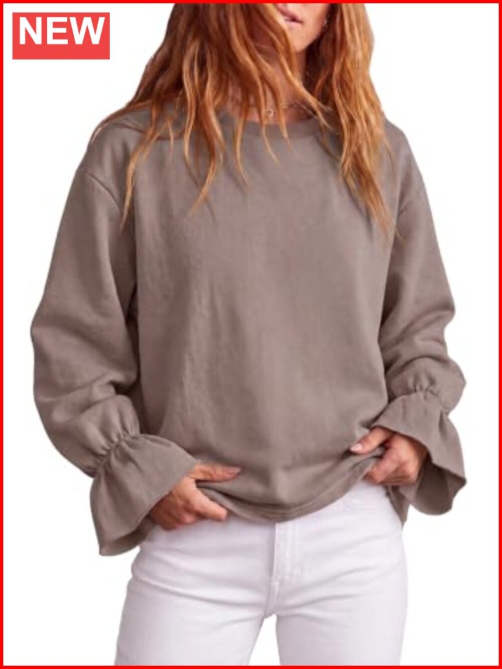 Oversized Fleece Sweatshirt with Ruffle Sleeve Crew Neck Pullover